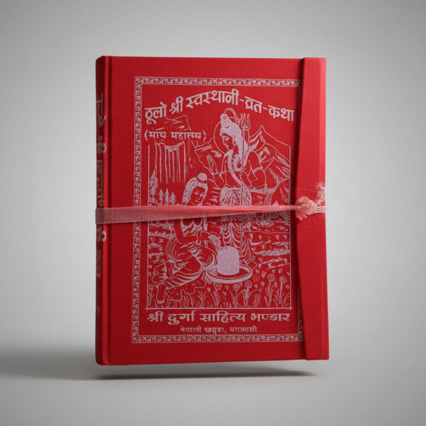 A red book with a decorative pattern and Devanagari script on the cover. It is bound by a red ribbon.