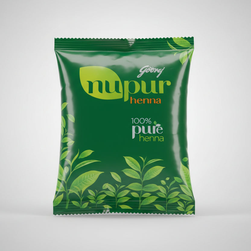 A packet of Nupur 100% pure henna, with a green background and leaves pattern.