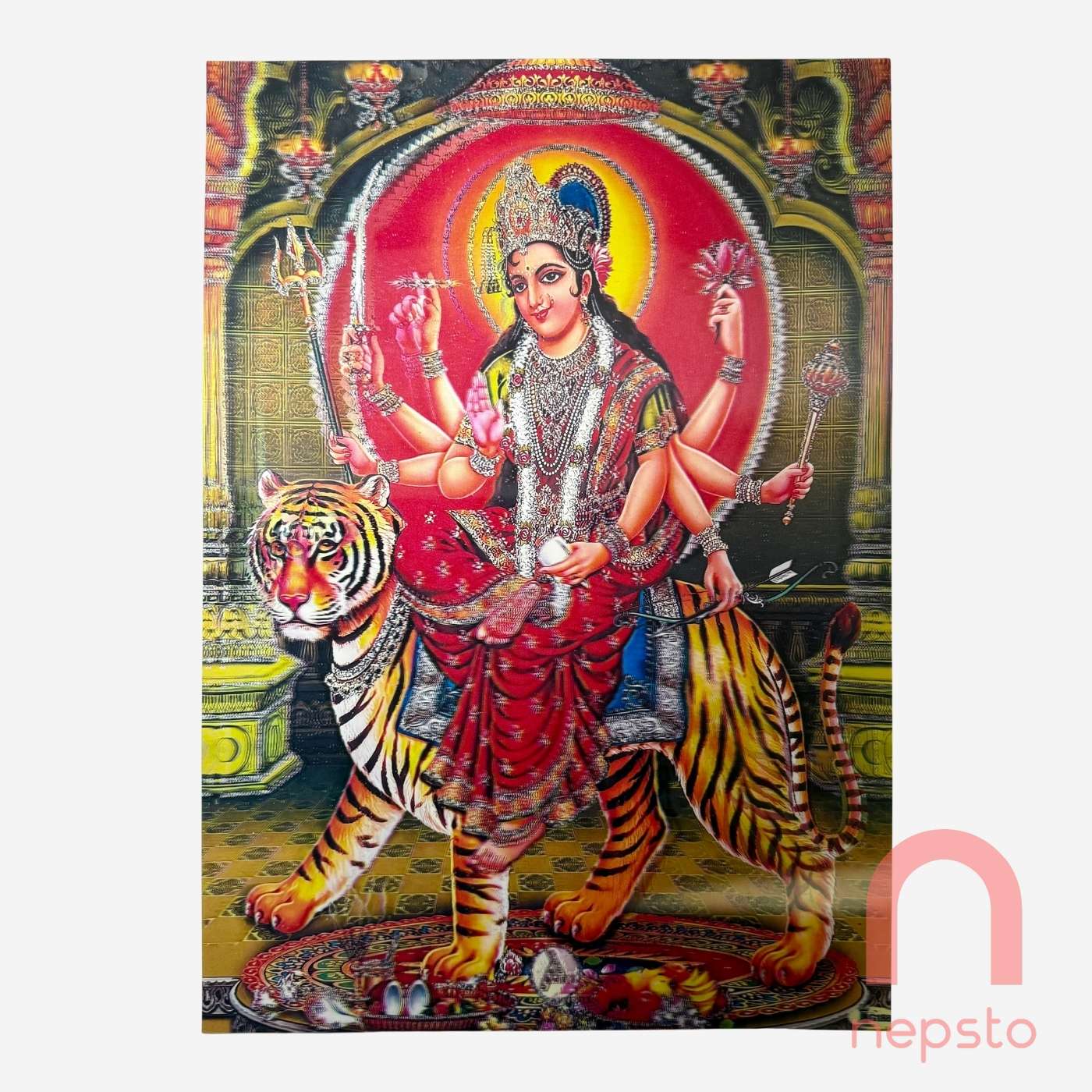 Colorful depiction of a deity on a tiger with intricate details and vibrant colors.