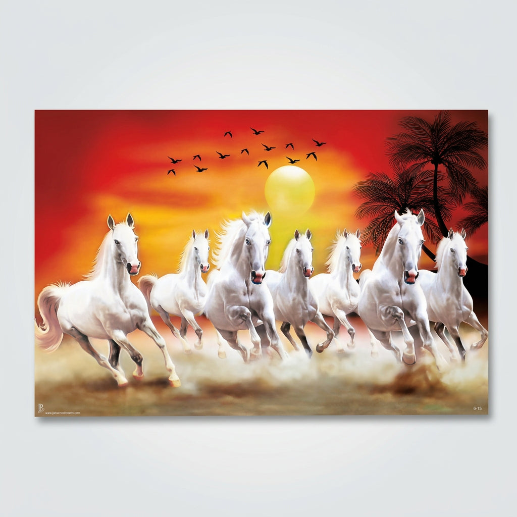 A rectangular wall art print or poster showing a group of white horses galloping across a desert landscape at sunset, with a large yellow sun, red-orange sky, birds, and palm trees. The print is photographed against a light gray surface.