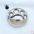 Stainless steel divided plate with a visible brand logo on a white background
