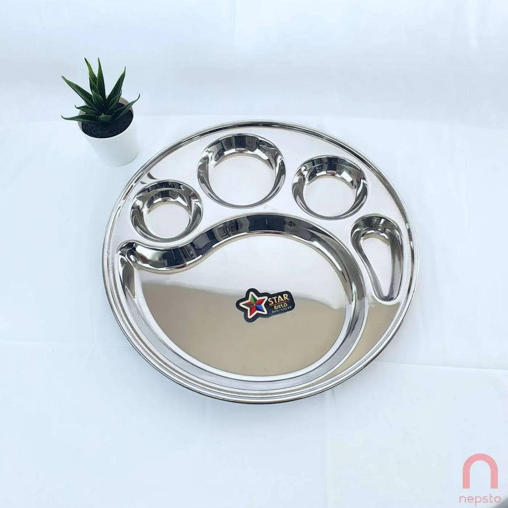 Stainless steel divided plate with a visible brand logo on a white background