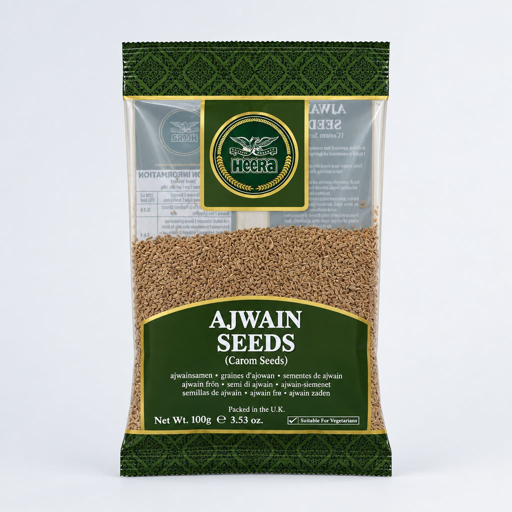 Pack of Ajwain seeds on a white surface
