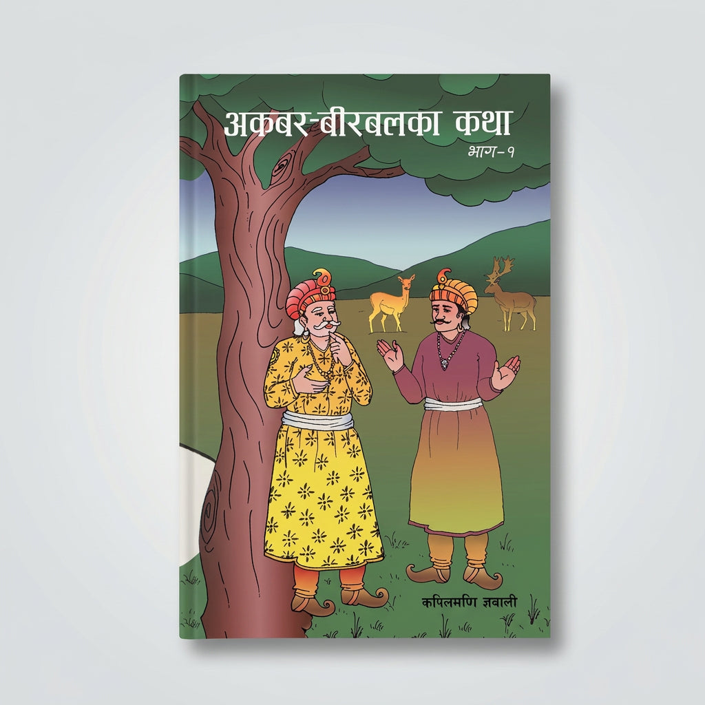 A book titled 'Akbar-Birbal Ka Katha' (Agar-9) with a colorful illustration on the cover showing two historical figures under a tree with deer in the background, photographed on a light surface.