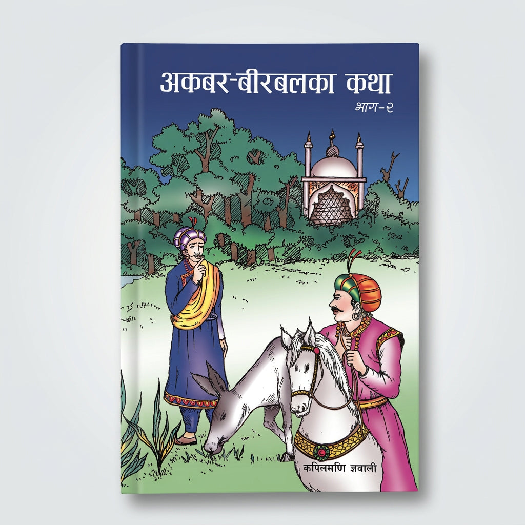 A Hindi book titled 'Akbar-Birbal Ka Katha' with a colorful illustration on the cover, photographed against a light off-white wall.