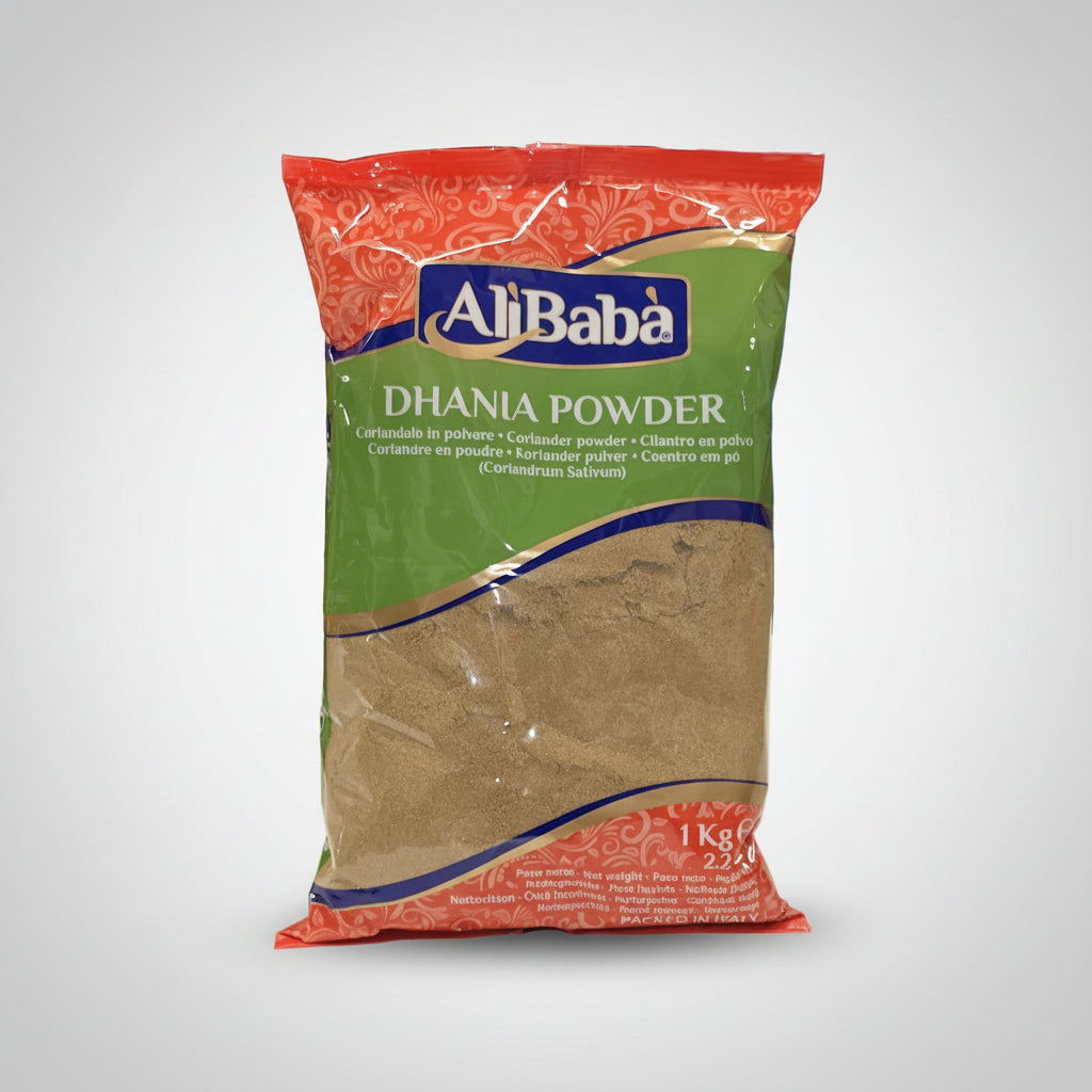 Alibaba Dhania Powder package on a shelf with a blurred store background