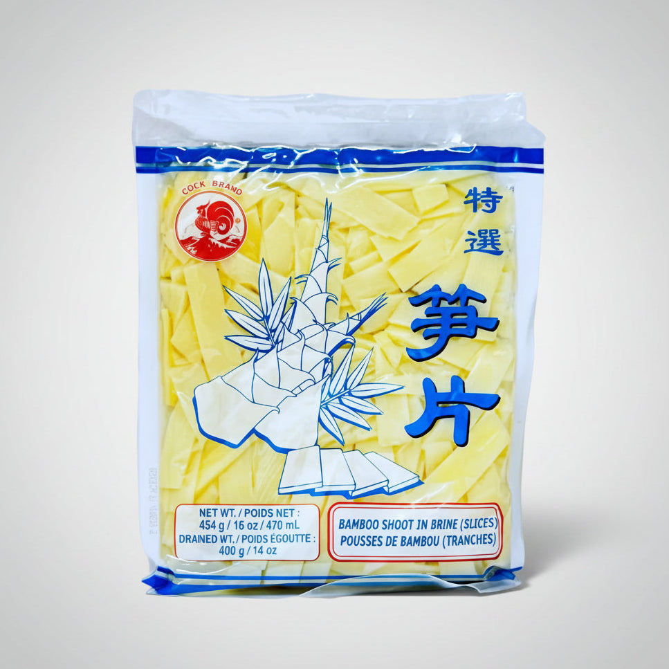 Packaged bamboo shoots with Chinese characters on a white background