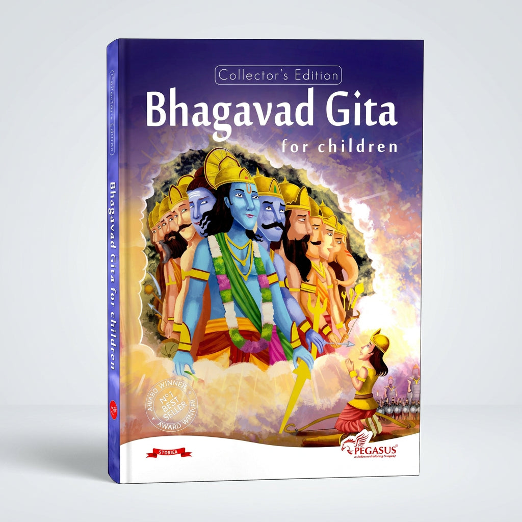 Book cover of 'Bhagavad Gita for children' with colorful illustrations on a blue background