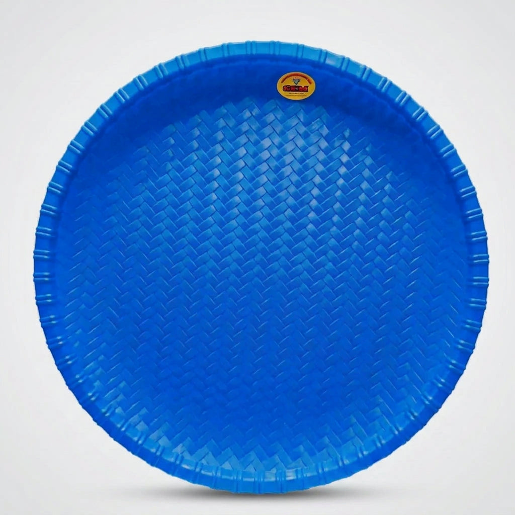 A round red plastic tray with a textured woven pattern and a small gold brand logo at the top, shown on a light gray background.