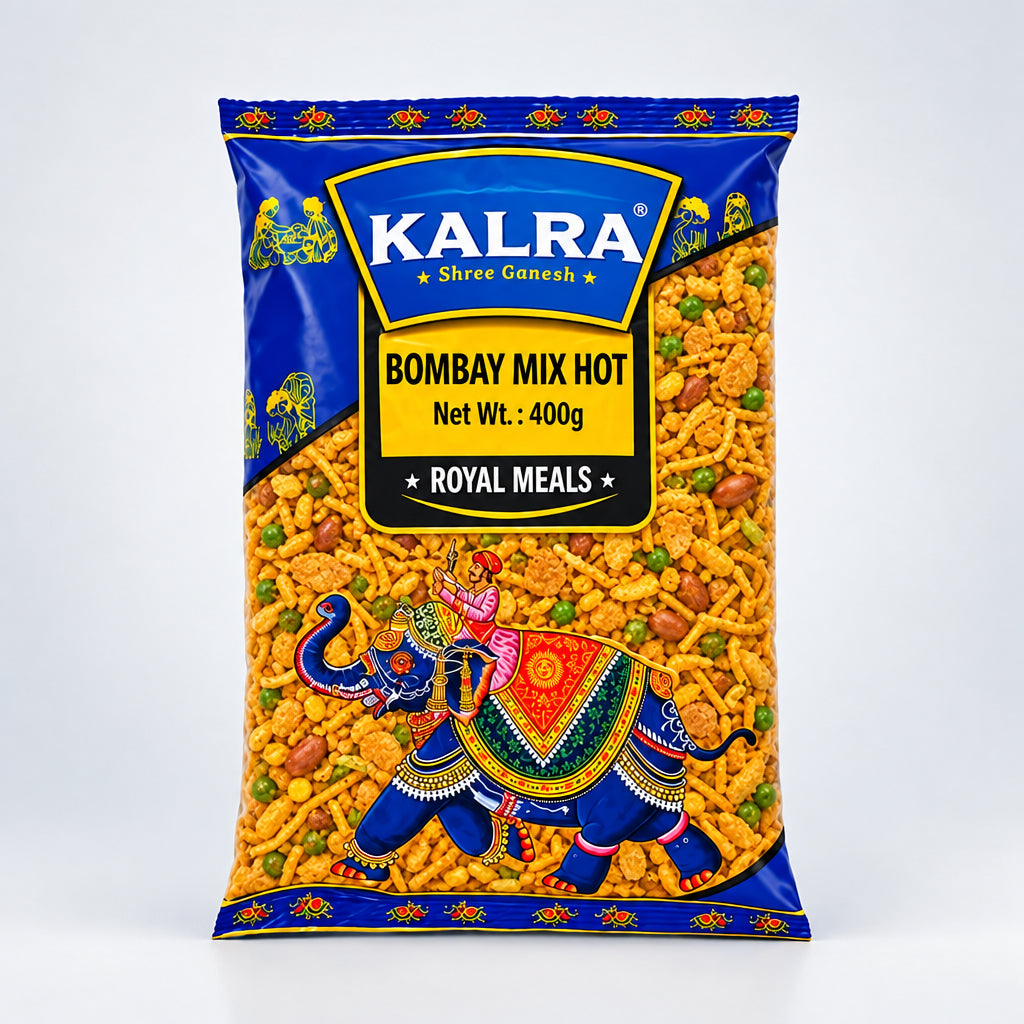 A packaged food product with a predominantly blue and gold design, featuring an image of a elephant and the text 'Tahini Mix', indicating it is a ready-to-eat snack mix.
