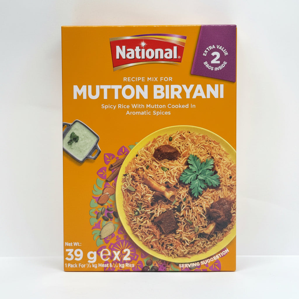 Box of National Mutton Biryani recipe mix on a white background