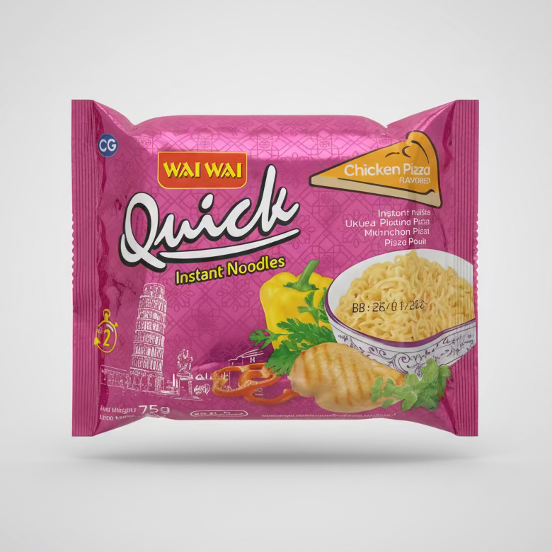Pink package of Wai Wai Quick instant noodles with chicken pizza flavor on a white background