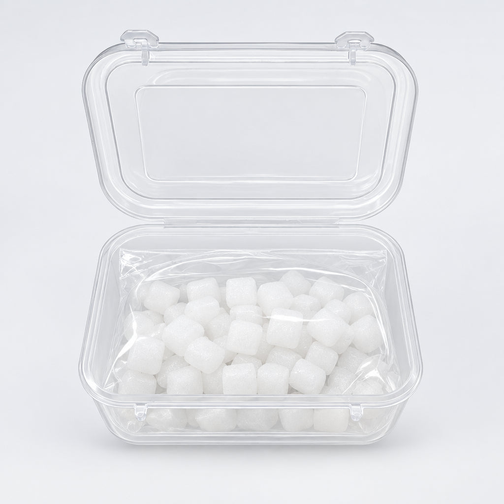 Two clear plastic storage containers with lids, one open and showing small white cube-shaped items inside, photographed on a light neutral background.