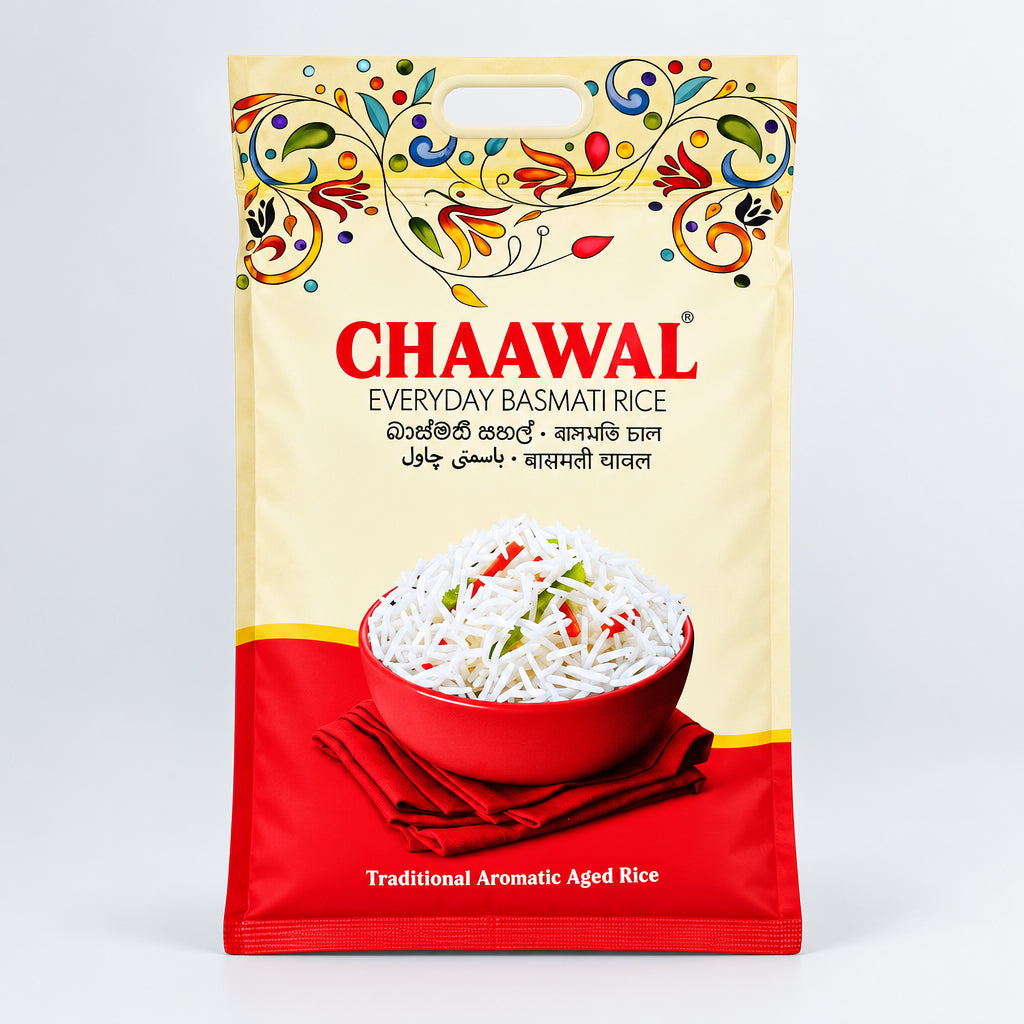 Bag of Chaawal Everyday Basmati Rice with colorful design on a white background