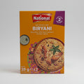 Box of National Biryani mix on a shelf with a blurred background