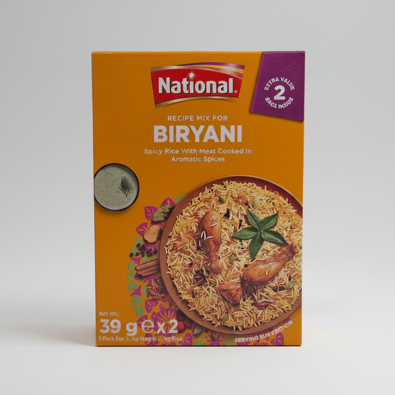 Box of National Biryani mix on a shelf with a blurred background