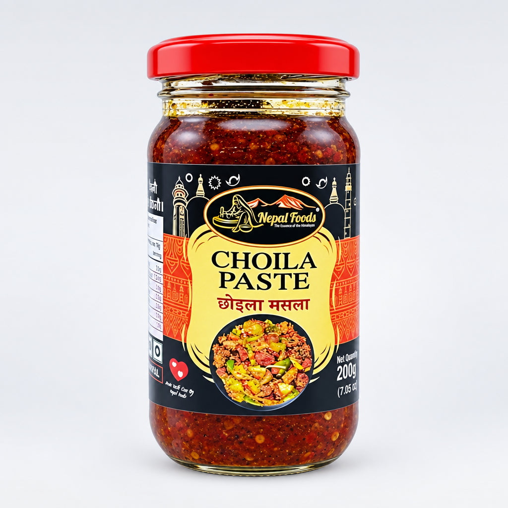 Jar of Choila Paste with a red lid on a white background