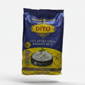 DIYO 1121 Extra Long Basmati Rice package on a box with a store and people in the background.