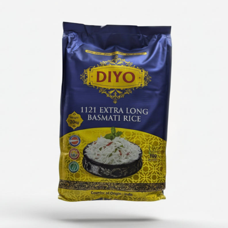 DIYO 1121 Extra Long Basmati Rice package on a box with a store and people in the background.
