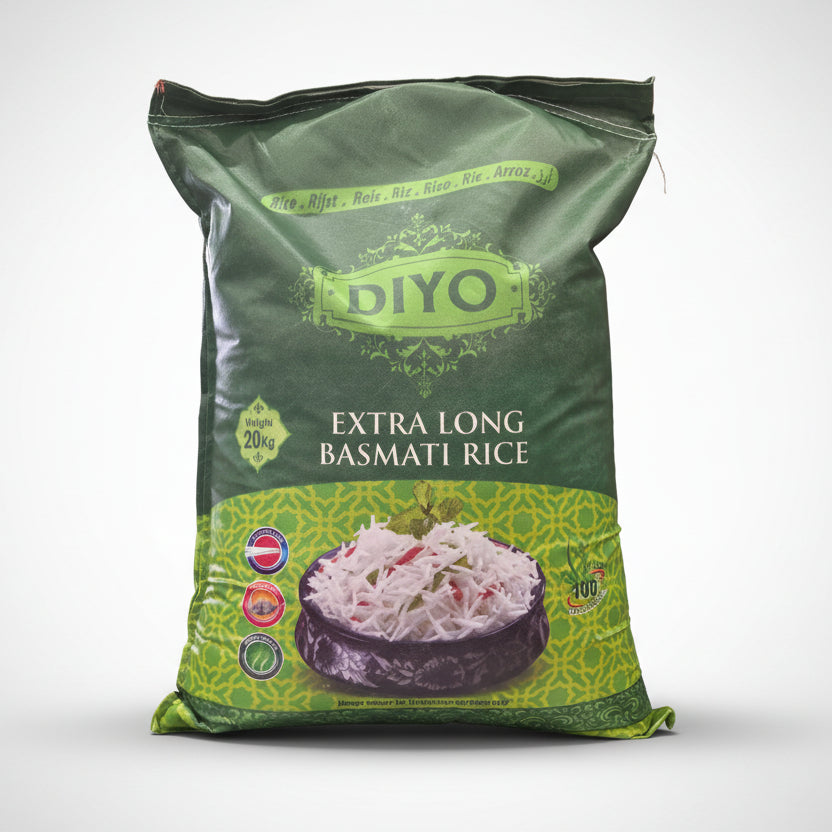 Green bag of DIYO Extra Long Basmati Rice on a white background