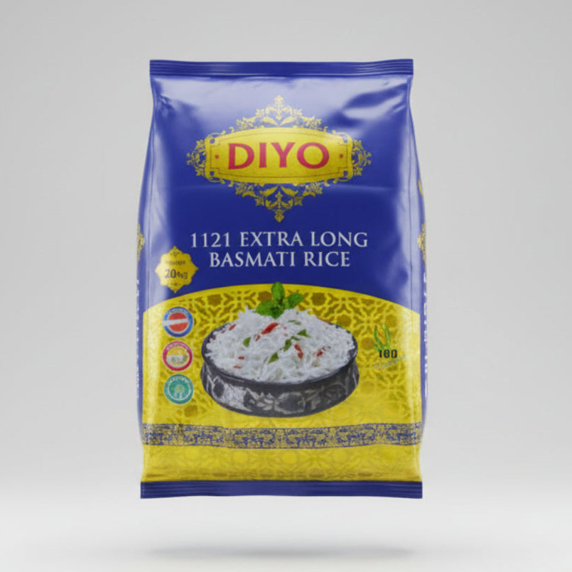 DIYO 1121 Extra Long Basmati Rice packaging with a bowl of rice on a yellow background.