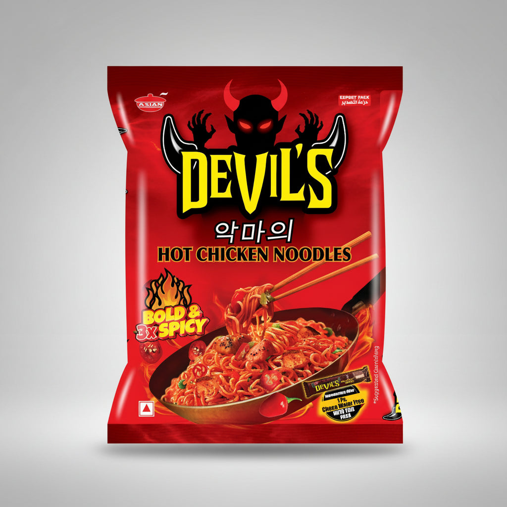 Packaging of Devil's Hot Chicken Noodles with a red background and devil graphic.