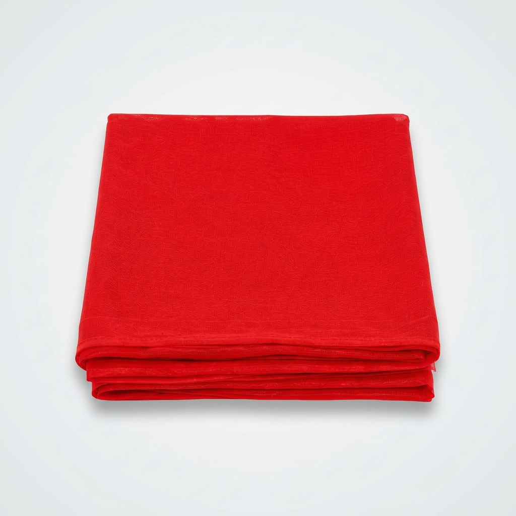 A stack of four folded red fabric tablecloths on a solid white background.