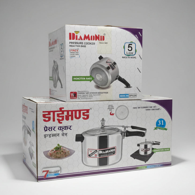 Diamond pressure cooker packaging with branding and product details on a white background