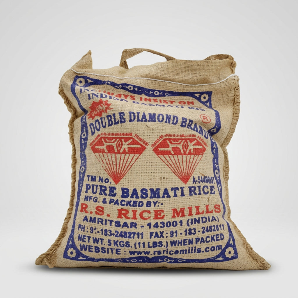 Jute bag with Double Diamond Brand Pure Basmati Rice packaging on a gray background