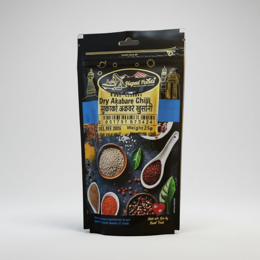Dry Akabare chilli package with brand logo on a white background