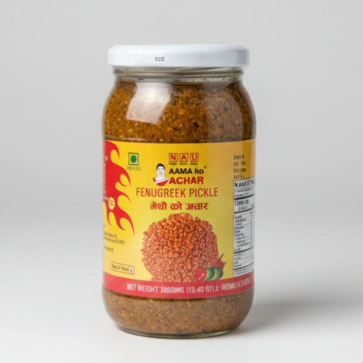 Jar of fenugreek pickle with a label on a white background