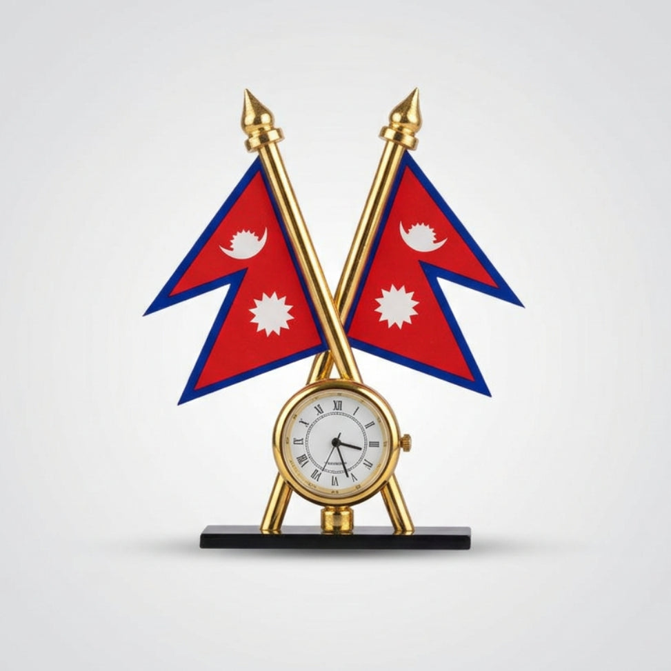Gold clock with two crossed flags on a white background