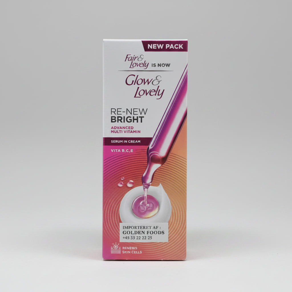 Glow & Lovely skincare product packaging with a blurred store shelf background