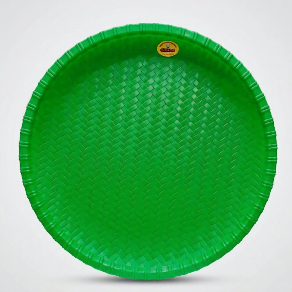 A round red plastic tray with a textured woven pattern and a small gold brand logo at the top, shown on a light gray background.