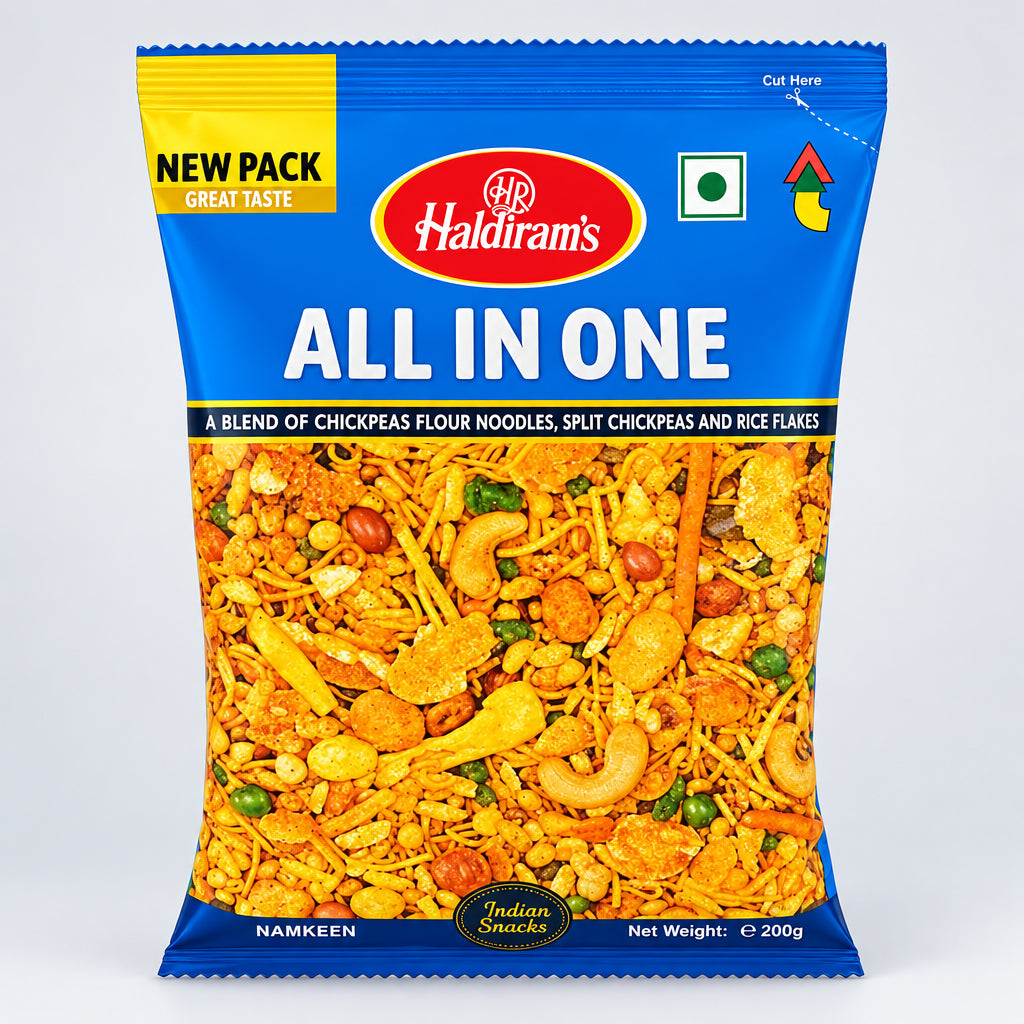 A packaged food product with branding 'Haldiram All in One' displayed at the top. The package is blue in color with an image of the snack, which appears to be a mix of chickpeas, noodles, and spices, visible through a clear window.