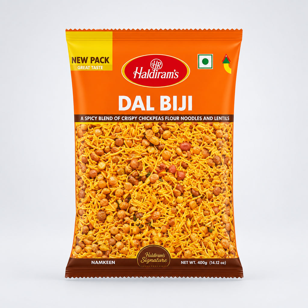 Packaged food item with 'Haldiram's Dal Biji' label on an orange background