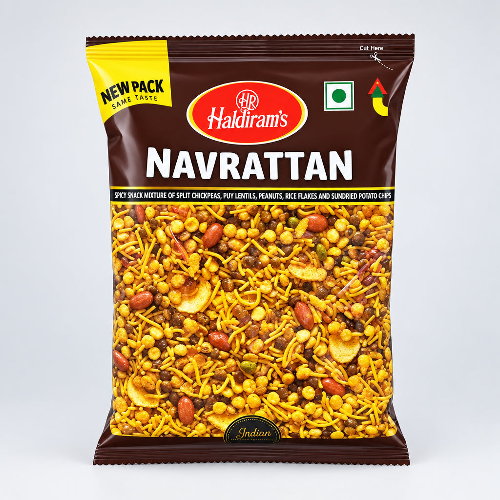 Packaging of Haldiram's Navrattan, a snack made of mixed nuts and dried fruits, in a 200g brown and yellow bag.