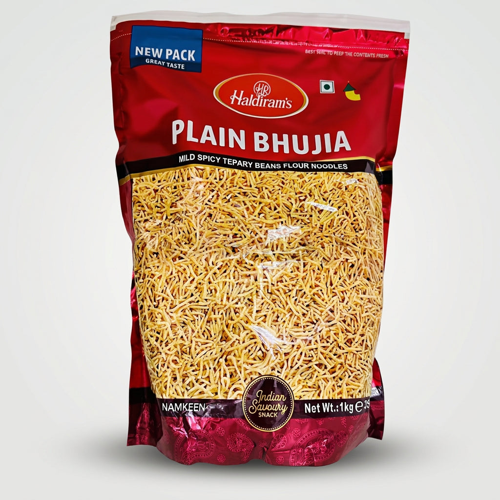 A packaged product of Haldiram Plain Bhujiya, showing the product name, weight, and branding on the front.