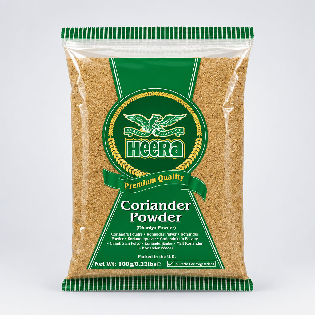A sealed package of Nicer Coriander Powder in a 100g bag with a green label.