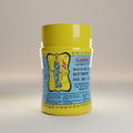 Yellow jar with blue label featuring a logo and text on a gray background