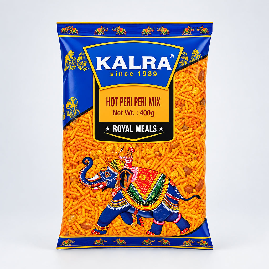 A packaged product of Kalra brand Hot Peri Peri Mix, weighing 400g, with Royal Meals branding visible. The packaging is predominantly blue with an illustration of a elephant and some decorative elements.