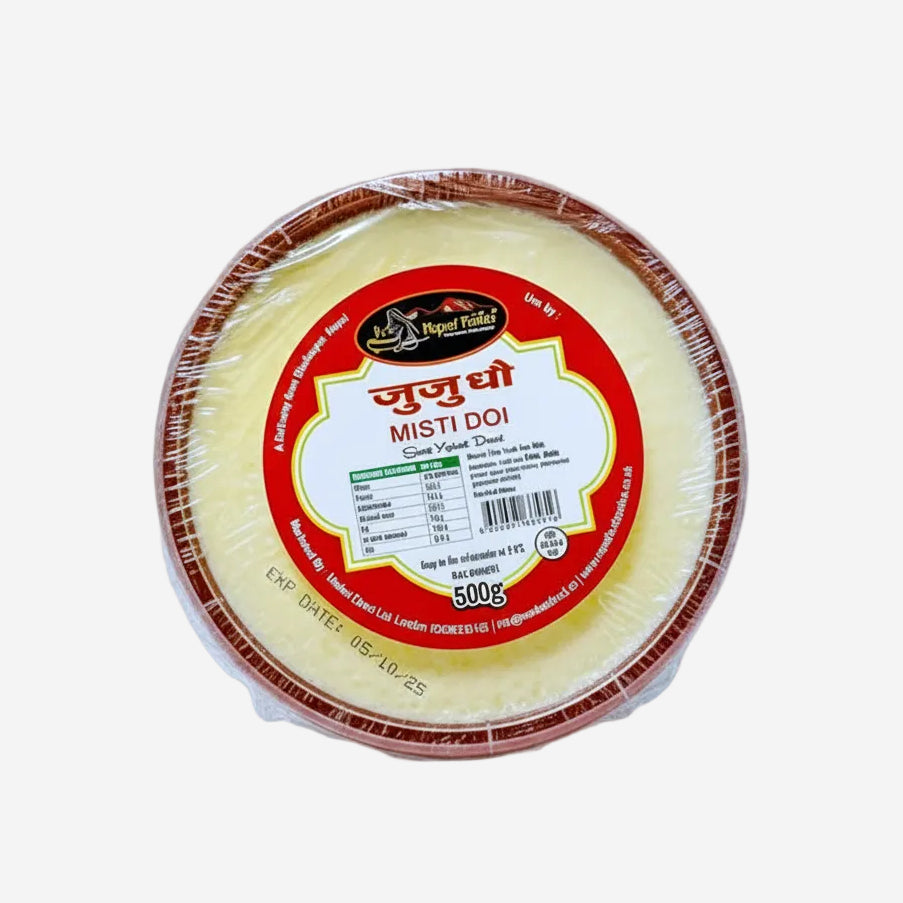 Packaged food item with a red label on a white background