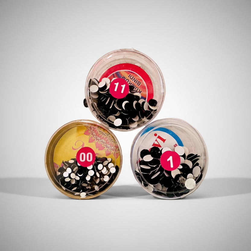 Three round containers with decorative designs and numbers on a gray background