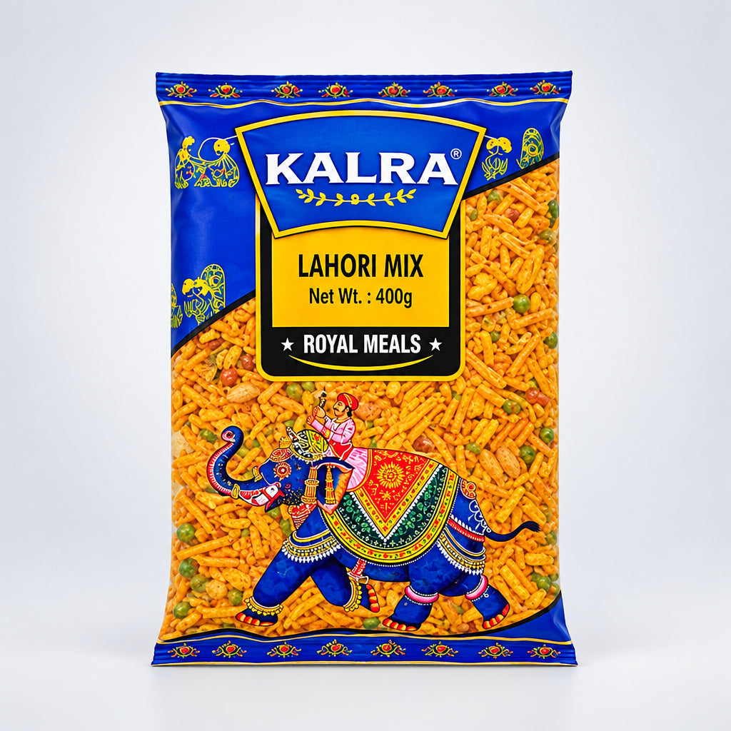 A packaged food product with a predominantly blue and gold design, featuring an illustration of a person and what appears to be a traditional festive outfit. The text on the package indicates it is a 'Lahori Mix' snack.