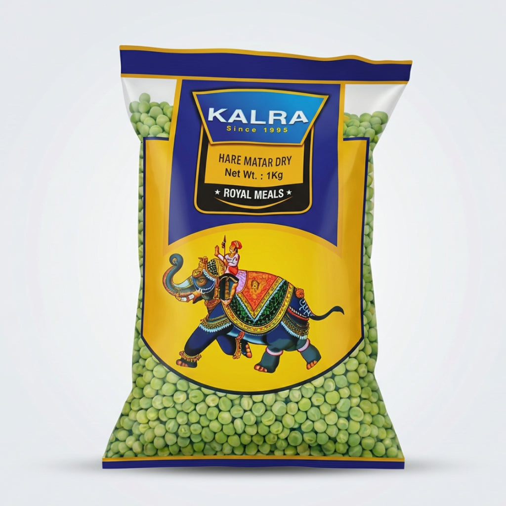 A package of Kalra brand whole green peas, 1kg, with a decorative elephant illustration on the front.