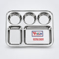 A rectangular stainless steel dinnerware set with multiple compartments, branded by VARUN, displayed on a white background with a small potted plant to the side.