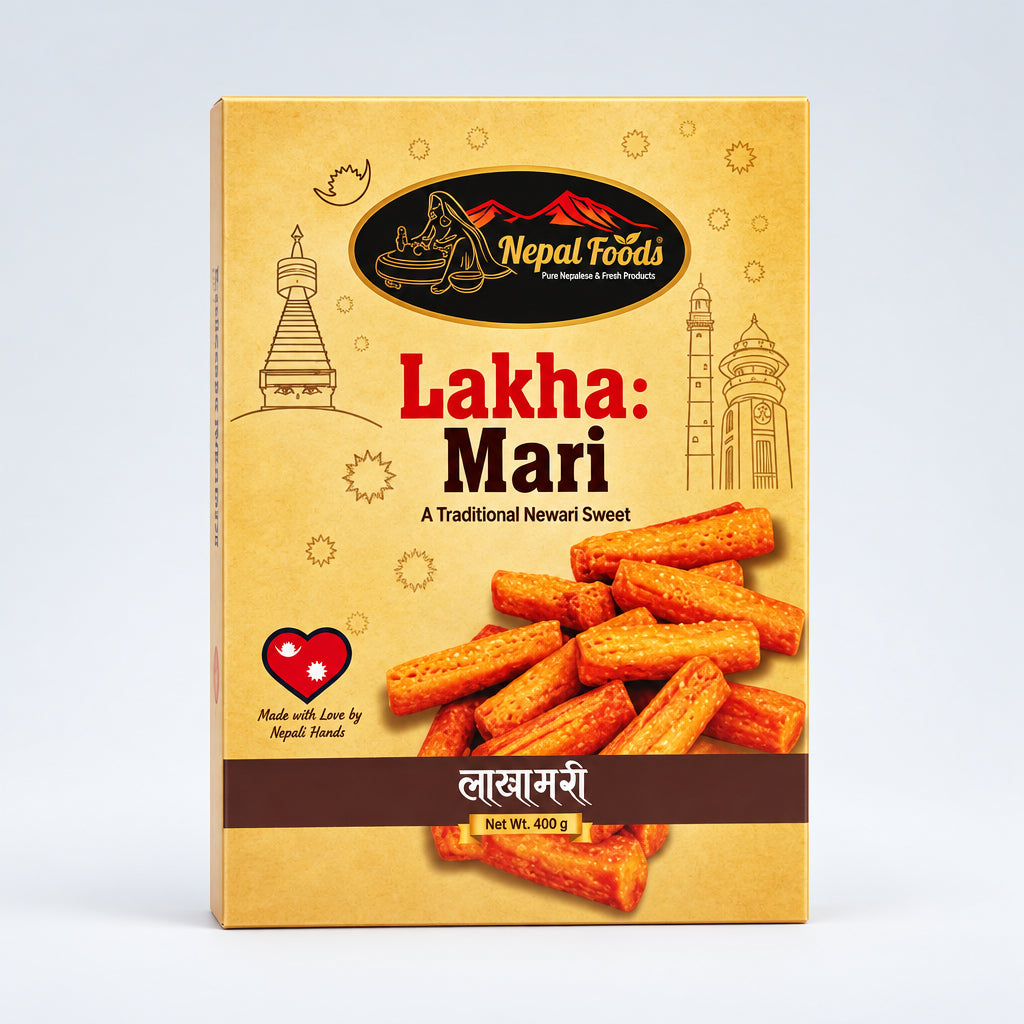 Box of Lakha Mari traditional sweet from Nepal Foods on a gray background