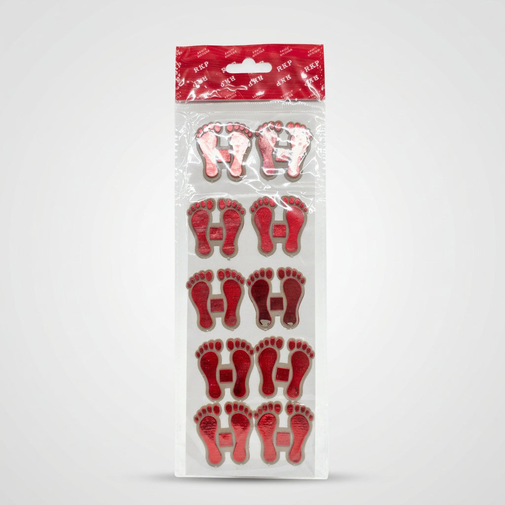 Pack of baby foot-shaped stickers in red and pink, sealed in a clear plastic bag with a red header card.
