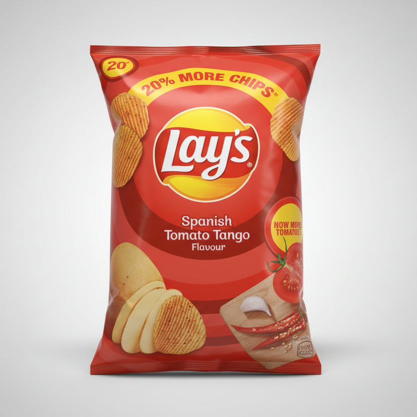 Lay's Spanish Tomato Tango flavor potato chip bag on a white background