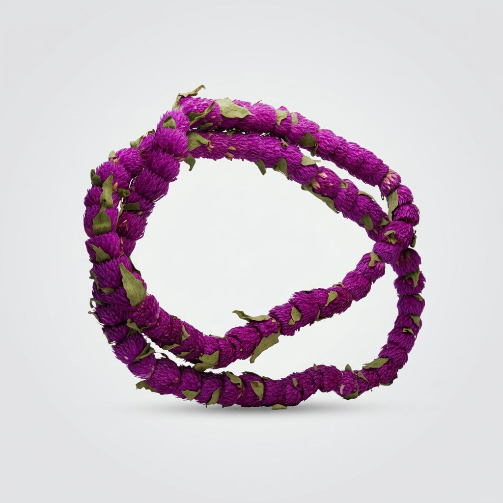 A purple and green floral lei, typically used as a traditional garment accessory in Nepal.